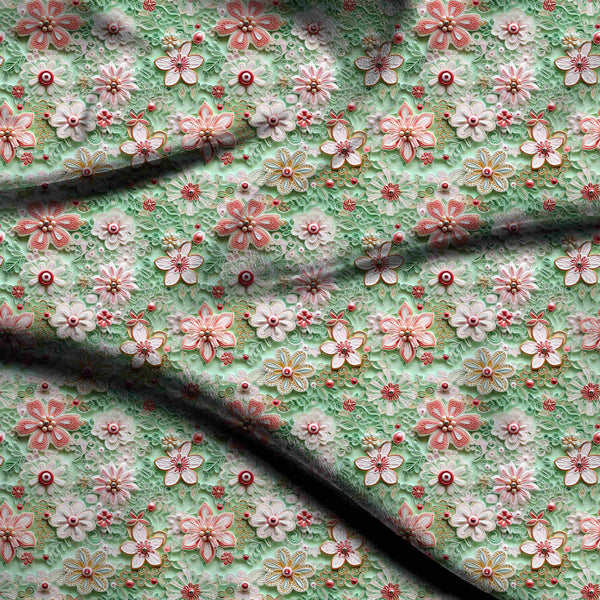 Mint Green Intricate Quilled Floral Embroidery Print Fabric