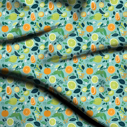dusty teal tropical digital print fabric texture — medium scale closeup
