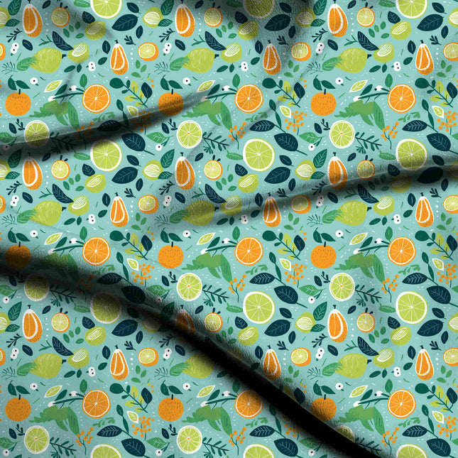 dusty teal tropical digital print fabric texture — medium scale closeup