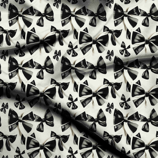 Jet Black Scattered Monochrome Ribbon Bows Print Fabric