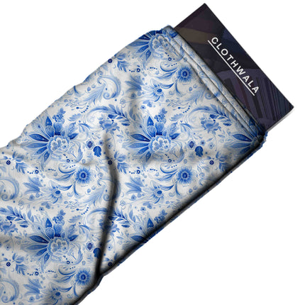 cobalt blue floral print fabric draped — dupatta styling