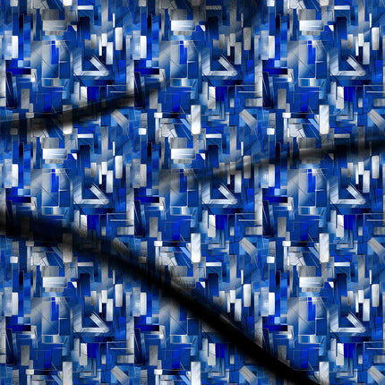 cobalt blue geometric print fabric draped — kurta styling