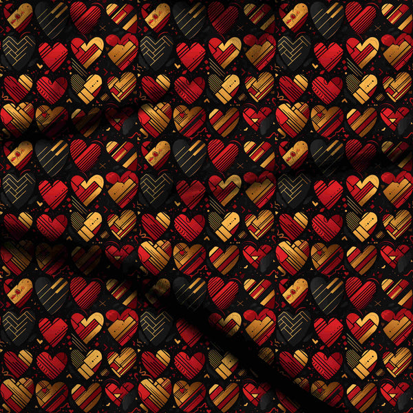 Midnight Black Art Deco Style Hearts Print Fabric