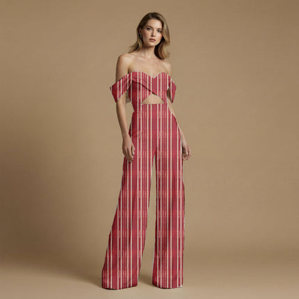 Deep Crimson Stripes Digital Print Fabric | Festive Fusion Wear - Image 3