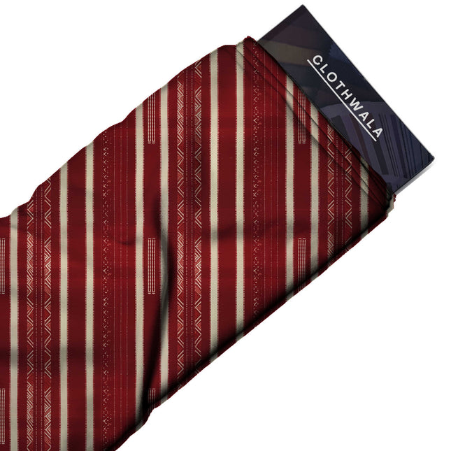 Deep Crimson Stripes Digital Print Fabric | Festive Fusion Wear - Image 2