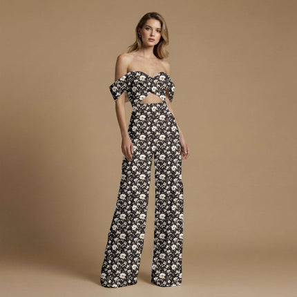 jet black floral all-over print pattern — medium scale repeat layout