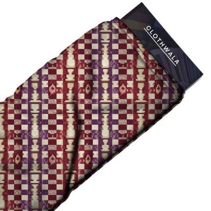 burgundy red geometric all-over print pattern — medium scale repeat layout