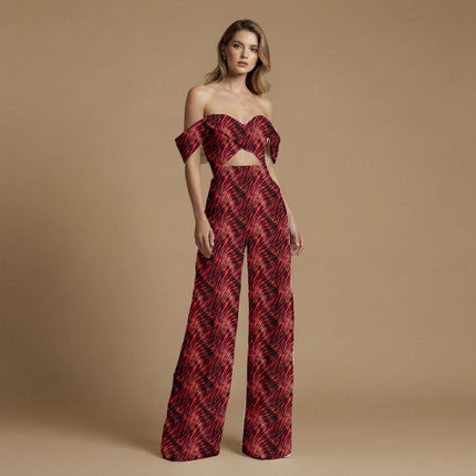 crimson red animal print fabric draped — maxi dress styling