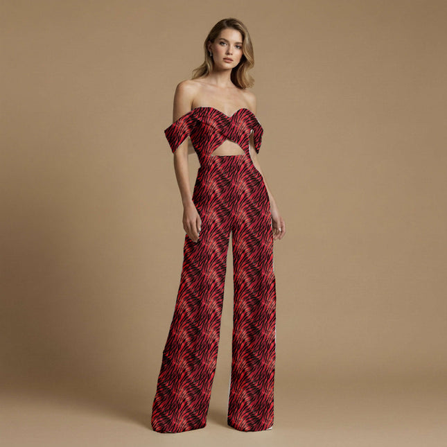 crimson red animal print fabric draped — maxi dress styling