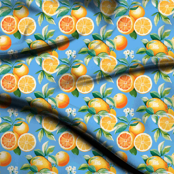 Cerulean Blue Painterly Watercolor Citrus Fruits Print Fabric