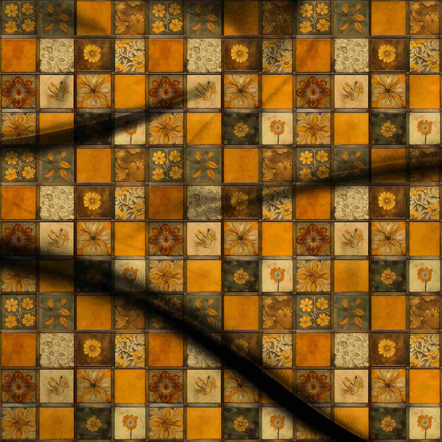 Ochre Floral Digital Print Fabric | Lehenga Dupatta Kaftan | Wedding Fabric | Vintage rock aesthetic | Heritage silk fabric - 2067