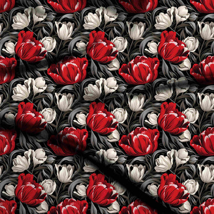scarlet red floral digital print fabric texture — large scale closeup