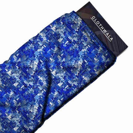 cobalt blue geometric fabric detail — textured finish digital print closeup