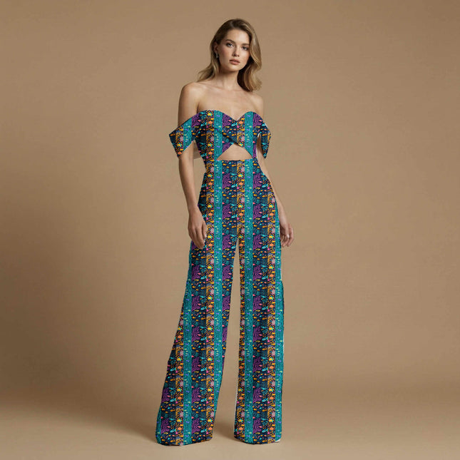 teal tropical print fabric draped — palazzo suit styling