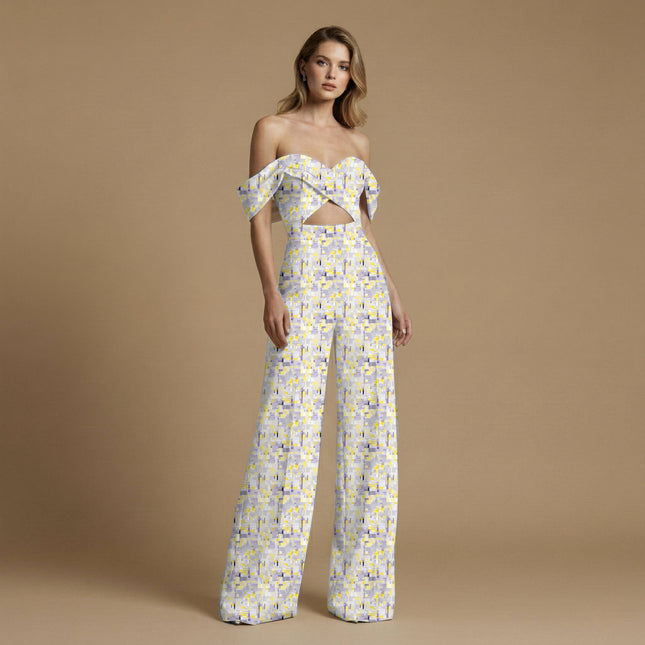 pale yellow geometric digital print fabric texture — medium scale closeup