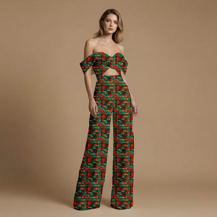 crimson red geometric print fabric draped — jumpsuit styling