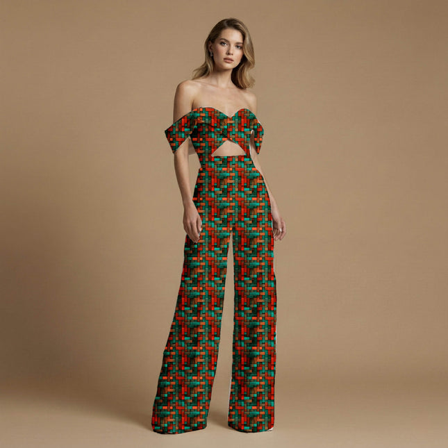 crimson red geometric print fabric draped — jumpsuit styling