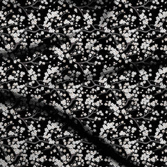 jet black floral digital print fabric texture — medium scale closeup