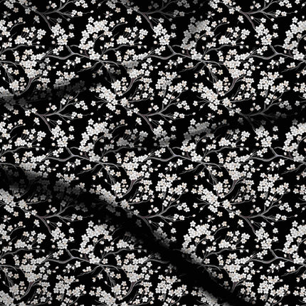 jet black floral digital print fabric texture — medium scale closeup