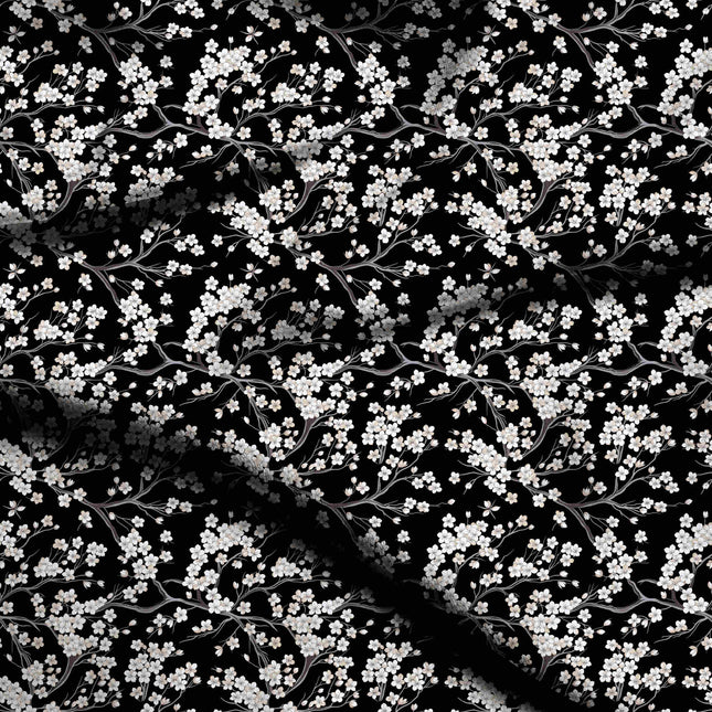 jet black floral digital print fabric texture — medium scale closeup