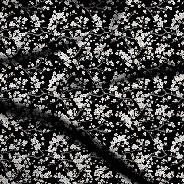 Jet Black Delicate Ivory Cherry Blossoms Print Fabric
