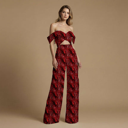 crimson red animal print fabric draped — maxi dress styling