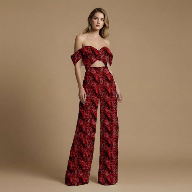 crimson red animal print fabric draped — maxi dress styling