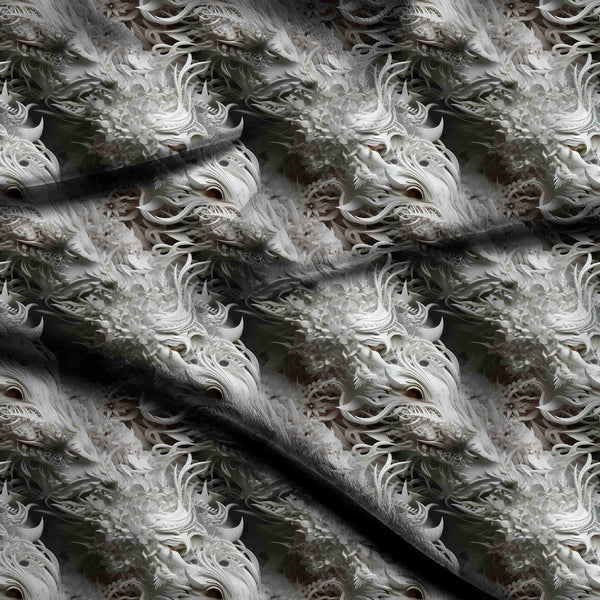 Alabaster White Intricate 3D Sculpted Mythical Drag Print Fabric
