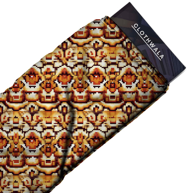 burnt sienna ethnic print fabric draped — kaftan styling