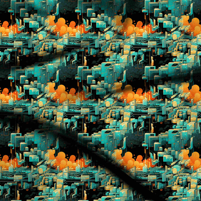 teal geometric digital print fabric texture — large scale closeup