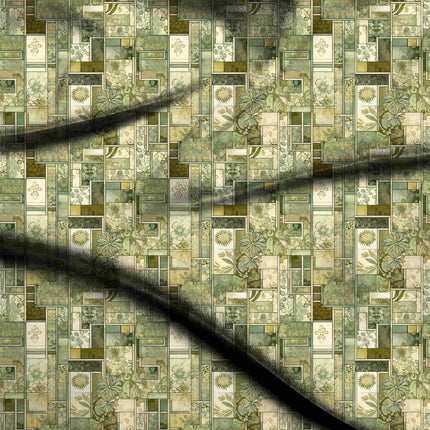 olive green geometric digital print fabric texture — medium scale closeup