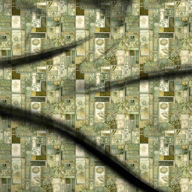 olive green geometric digital print fabric texture — medium scale closeup