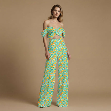 teal blue floral print fabric draped — palazzo suit styling