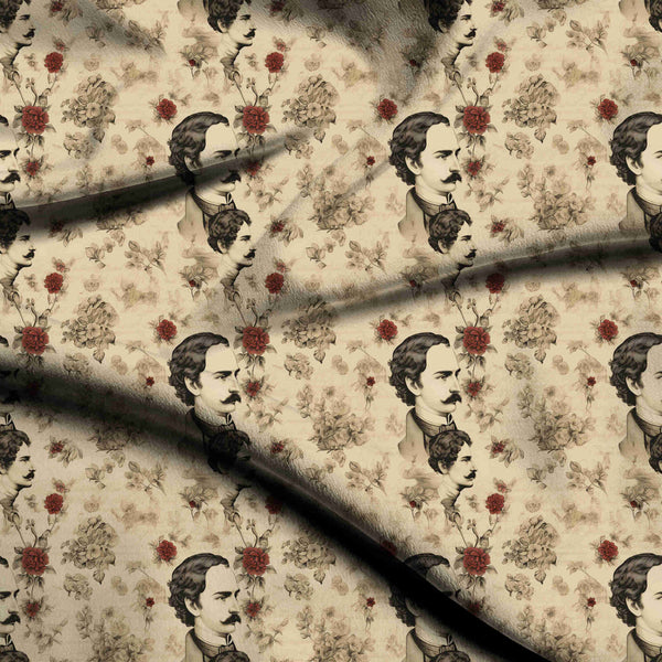 Ivory Cream Victorian Gentleman Portraits Layered Over Print Fabric