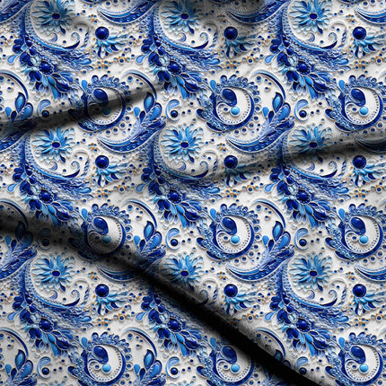 cobalt blue paisley digital print fabric texture — medium scale closeup
