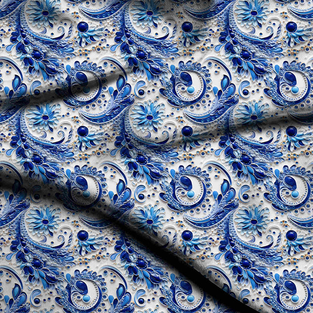 cobalt blue paisley digital print fabric texture — medium scale closeup