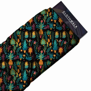 Midnight Black Vibrant Neon Tropical Succulents Print Fabric
