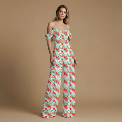scarlet red tropical all-over print pattern — medium scale repeat layout