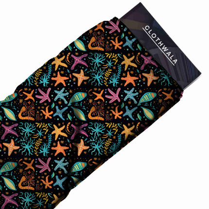 teal blue tropical all-over print pattern — medium scale repeat layout