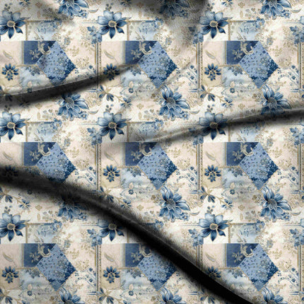 indigo blue floral print fabric draped — anarkali styling