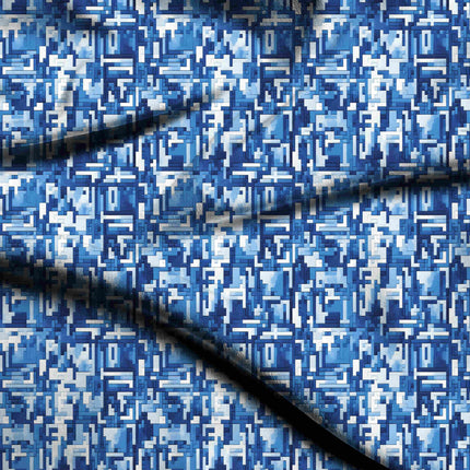 cobalt blue geometric fabric detail — textured finish digital print closeup