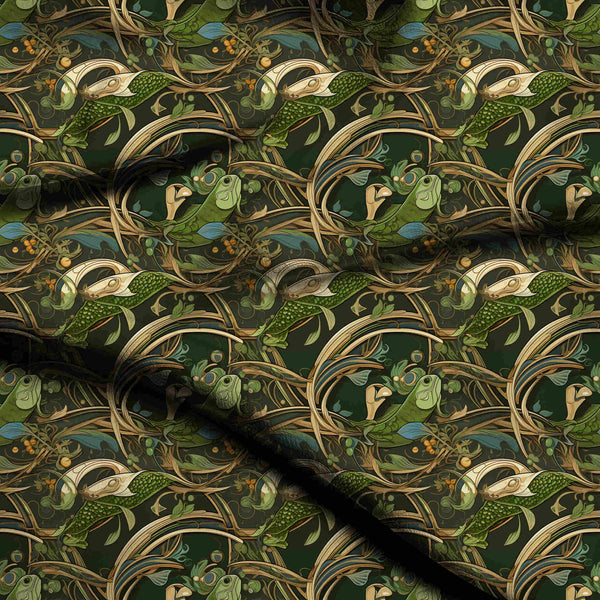 Forest Green Art Nouveau Inspired Fish Print Fabric