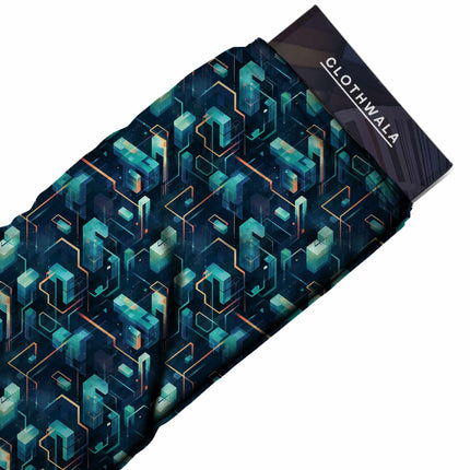 teal geometric print fabric draped — maxi dress styling