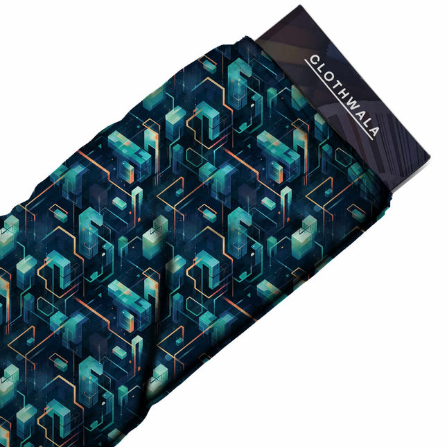 teal geometric print fabric draped — maxi dress styling