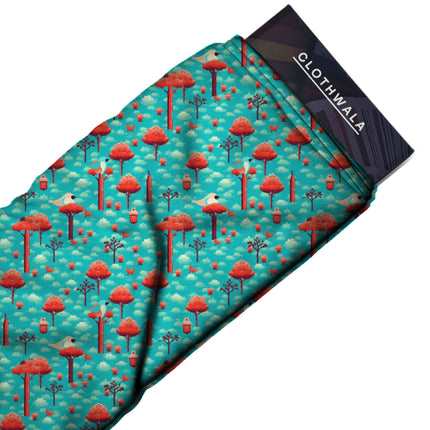 teal blue floral fabric detail — digital print closeup