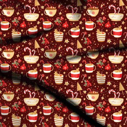 Deep Red Floral Digital Print Fabric for Shorts | Festive Fusion Fabric - 4725