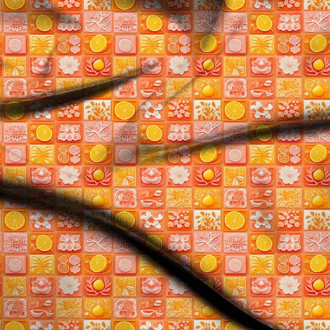marigold orange floral digital print fabric texture — medium scale closeup