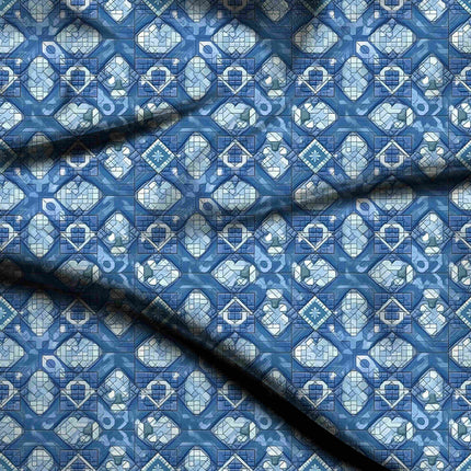 cobalt blue geometric all-over print pattern — medium scale repeat layout