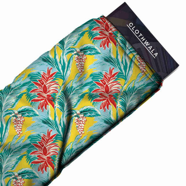 canary yellow tropical print fabric draped — maxi dress styling