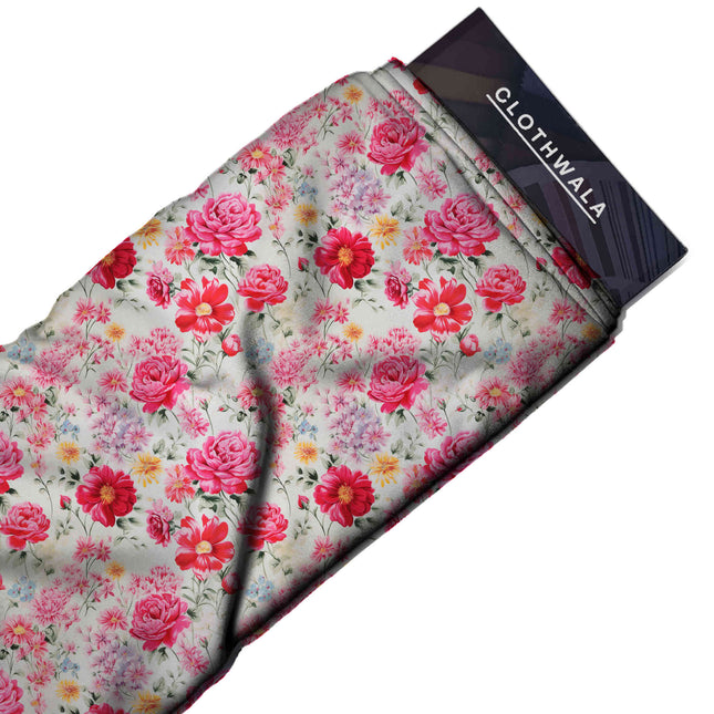 hot pink floral print fabric draped — palazzo suit styling